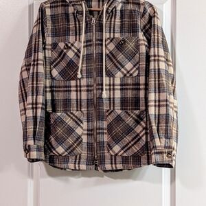 Brown + Taupe Four-Pocket Flannel Zip Jacket – Size Small